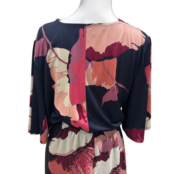 Lane Bryant Floral Faux Wrap Midi Dress Size 14 Navy Pink Asymmetrical Hem - Picture 7 of 8